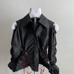 Girl Candy Shop Top with Cold-Shoulder and Red Detailing